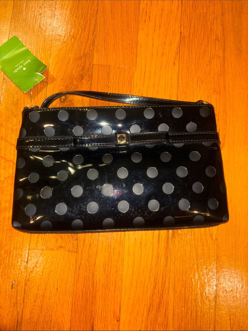 Kate Spade Camellia Street Black Polka Dot Patent Wristlet Clutch New